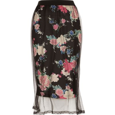 Black floral mesh midi skirt